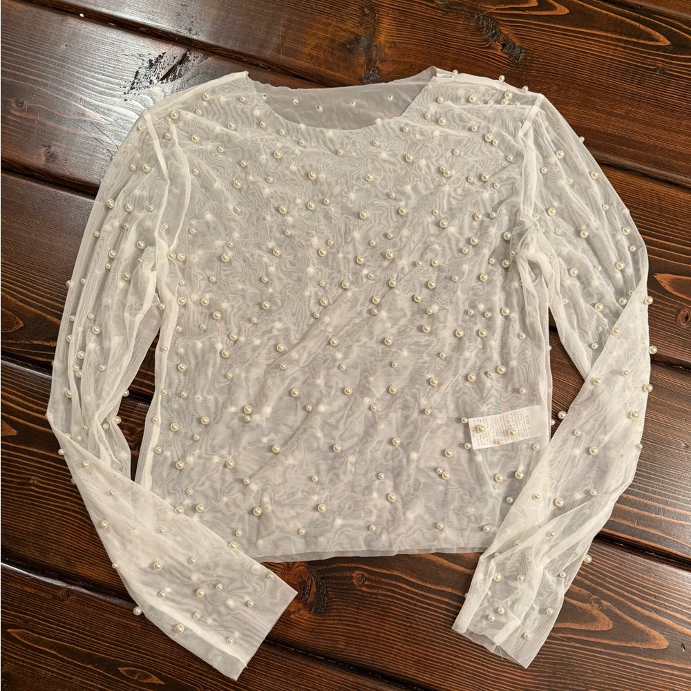 Pearl-Embellished Sheer Cream Top